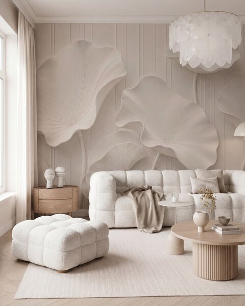 Tapet Relief floral sculptural alb, cu petale suprapuse, un decor de perete elegant în 3D, Fototapet 3D, w05604 : Uwalls.ro