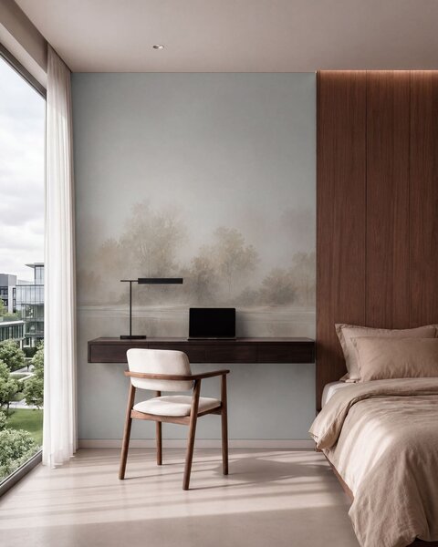 Tapet Peisaj minimalist în ceață, cu reflexii delicate în nuanțe neutre calde, Fototapet Natură, w05606 : Uwalls.ro