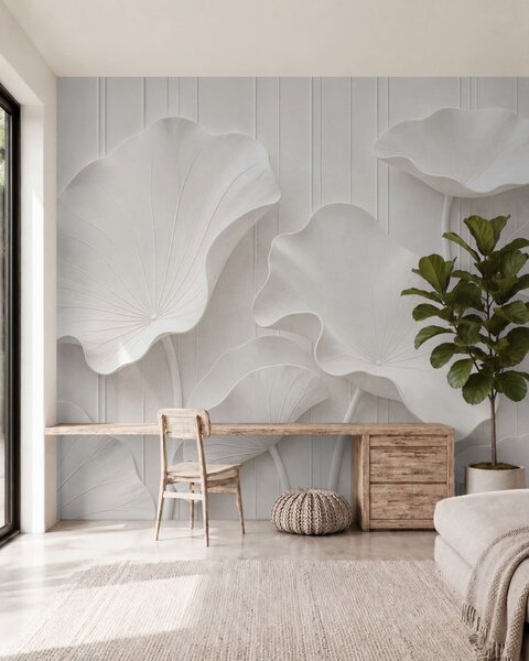 Tapet Relief floral sculptural alb, cu petale suprapuse, un decor de perete elegant în 3D, Fototapet 3D, w05604 : Uwalls.ro
