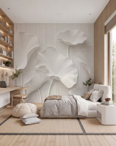 Tapet Relief floral sculptural alb, cu petale suprapuse, un decor de perete elegant în 3D, Fototapet 3D, w05604 : Uwalls.ro