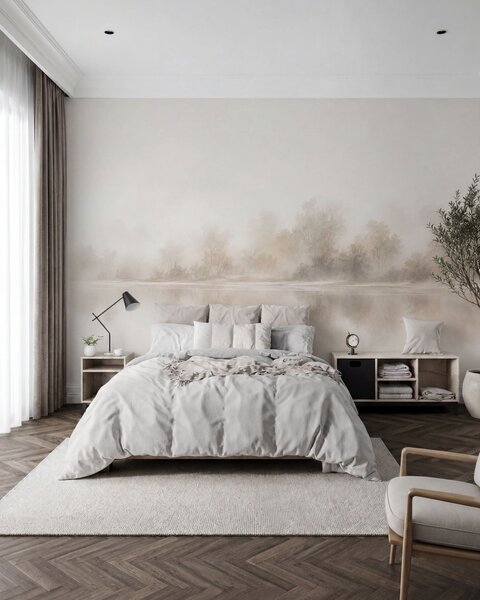 Tapet Peisaj minimalist în ceață, cu reflexii delicate în nuanțe neutre calde, Fototapet Natură, w05606 : Uwalls.ro