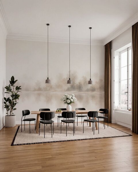 Tapet Peisaj minimalist în ceață, cu reflexii delicate în nuanțe neutre calde, Fototapet Natură, w05606 : Uwalls.ro