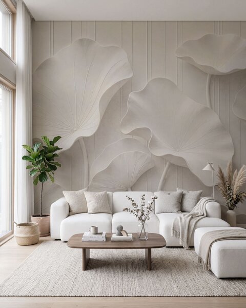 Tapet Relief floral sculptural alb, cu petale suprapuse, un decor de perete elegant în 3D, Fototapet 3D, w05604 : Uwalls.ro