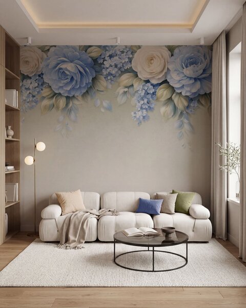 Tapet Trandafiri delicați și buchete florale într-o compoziție botanică inspirată de porțelan, cu petale, Fototapet Flori, w05495 : Uwalls.ro