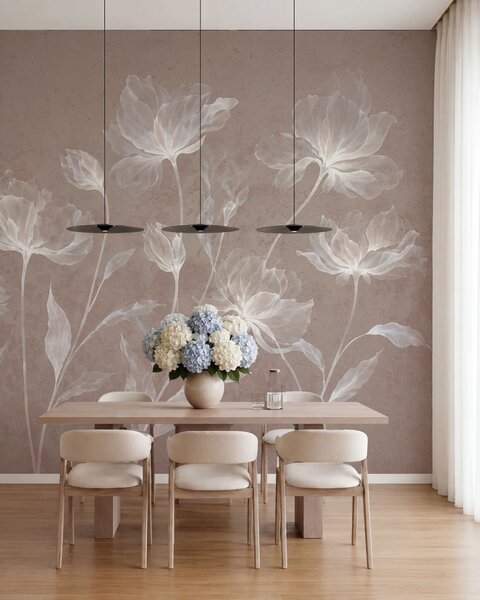 Tapet Flori elegante și aerisite, cu petale translucide dispuse în straturi, pe tulpini lungi și delicate, Fototapet Flori, w05579v3 : Uwalls.ro