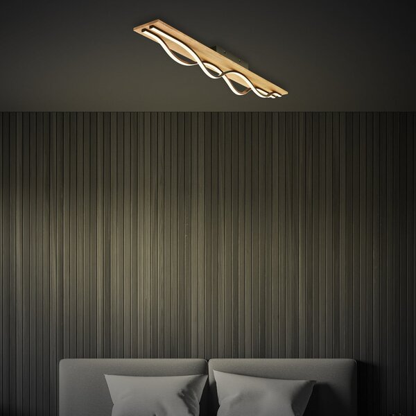 Briloner Plafonieră LED Vinka, 98x11 cm, 2 becuri, culoarea lemnului, Lemn, Camera de zi / sufragerie, Lemn, Modern