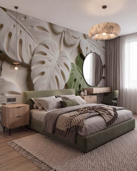 Tapet Frunze de monstera cu motive botanice în relief, în nuanțe de crem și verde, Fototapet Natură, w09883 : Uwalls.ro