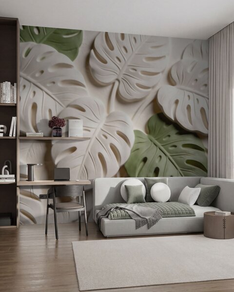 Tapet Frunze de monstera cu motive botanice în relief, în nuanțe de crem și verde, Fototapet Natură, w09883 : Uwalls.ro
