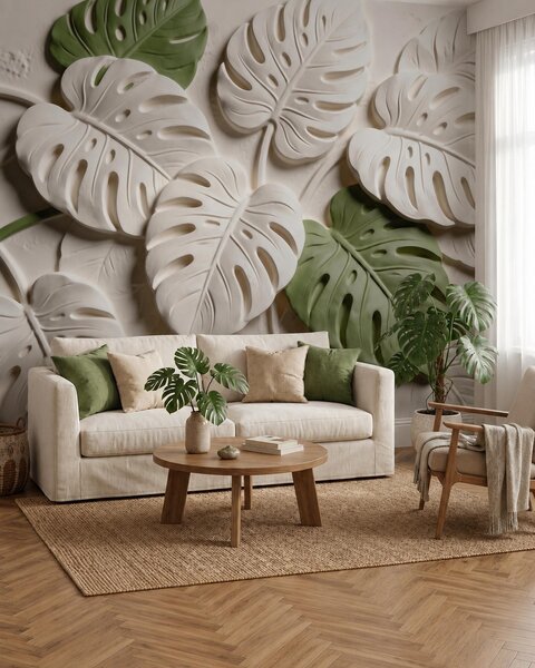 Tapet Frunze de monstera cu motive botanice în relief, în nuanțe de crem și verde, Fototapet Natură, w09883 : Uwalls.ro