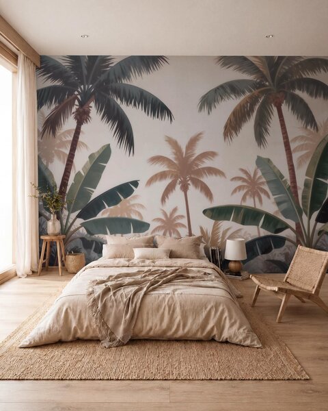 Tapet Palmieri tropicali într-o paletă de culori vintage delicate, într-o atmosferă de dimineață cețoasă, Fototapet Natură, w09884 : Uwalls.ro