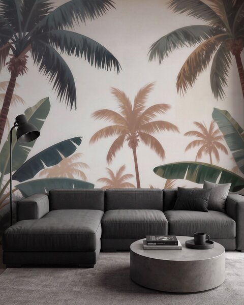 Tapet Palmieri tropicali într-o paletă de culori vintage delicate, într-o atmosferă de dimineață cețoasă, Fototapet Natură, w09884 : Uwalls.ro