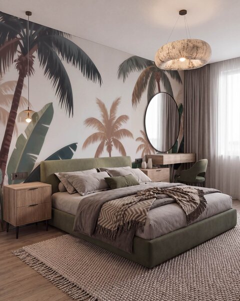 Tapet Palmieri tropicali într-o paletă de culori vintage delicate, într-o atmosferă de dimineață cețoasă, Fototapet Natură, w09884 : Uwalls.ro