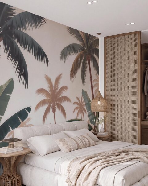 Tapet Palmieri tropicali într-o paletă de culori vintage delicate, într-o atmosferă de dimineață cețoasă, Fototapet Natură, w09884 : Uwalls.ro