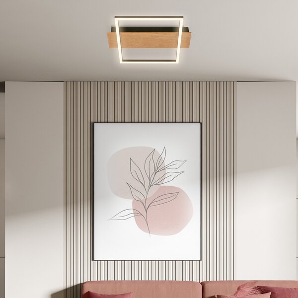 Briloner Plafonieră Kada LED, 34x26 cm, lemn, metal, negru, Lemn, Camera de zi / sufragerie, Metal, Modern