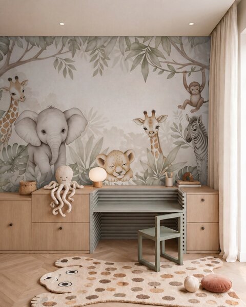 Tapet Animale de safari adorabile printre frunzișul tropical, în stil acuarelă, Fototapet Animale, w09885 : Uwalls.ro
