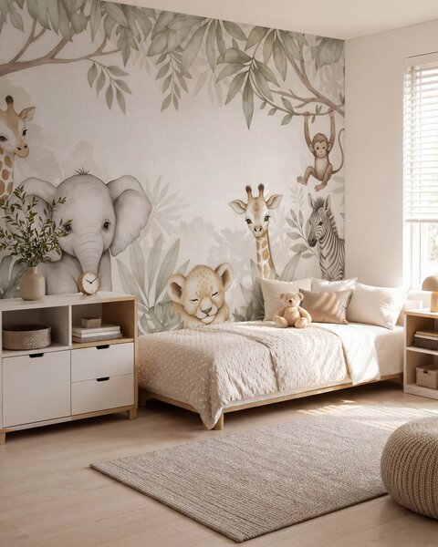 Tapet Animale de safari adorabile printre frunzișul tropical, în stil acuarelă, Fototapet Animale, w09885 : Uwalls.ro