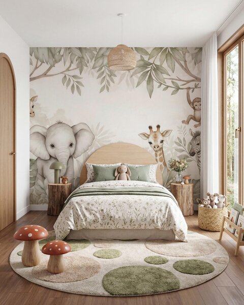 Tapet Animale de safari adorabile printre frunzișul tropical, în stil acuarelă, Fototapet Animale, w09885 : Uwalls.ro