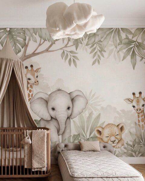 Tapet Animale de safari adorabile printre frunzișul tropical, în stil acuarelă, Fototapet Animale, w09885 : Uwalls.ro