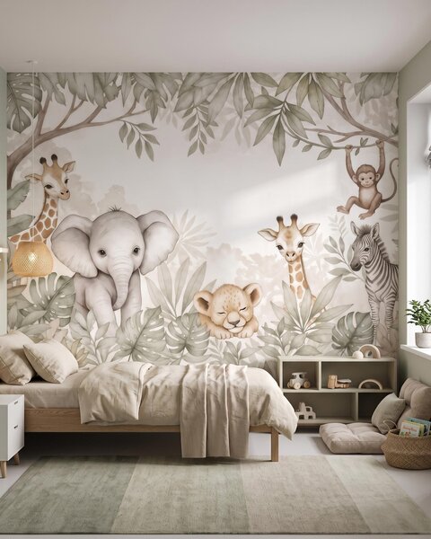 Tapet Animale de safari adorabile printre frunzișul tropical, în stil acuarelă, Fototapet Animale, w09885 : Uwalls.ro
