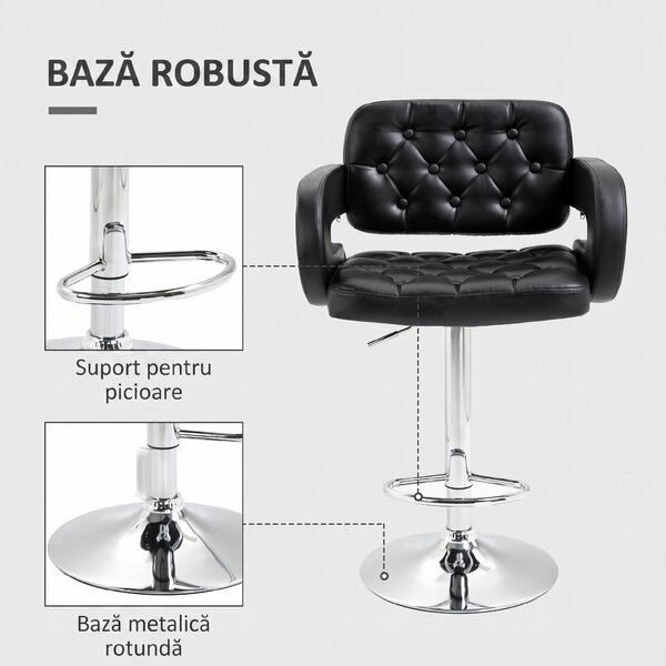 HOMCOM Scaun de Bar cu Spătar și Brațe, Scaun Modern de Bucătărie Rotativ cu Înălțime Reglabilă, 61x50x94-114 cm, Negru | Aosom Romania
