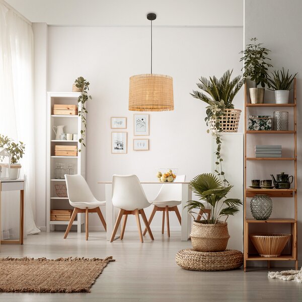 Briloner Lampă suspendată Borra, 1 bec, culoare naturală, paie, Ø 40 cm, reglabil, Bej, Camera de zi / sufragerie, Altele