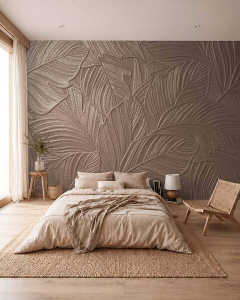Tapet Frunze tropicale în relief, cu un model delicat, în nuanțe calde de bej, Fototapet Textură, w09886 : Uwalls.ro