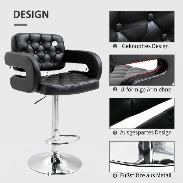 HOMCOM Scaun de Bar cu Spătar și Brațe, Scaun Modern de Bucătărie Rotativ cu Înălțime Reglabilă, 61x50x94-114 cm, Negru | Aosom Romania