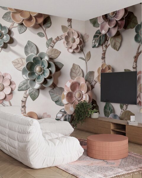 Tapet Flori ceramice tridimensionale într-o paletă de culori pastelate delicate, Fototapet Flori, w09887 : Uwalls.ro