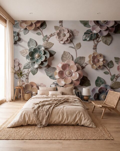 Tapet Flori ceramice tridimensionale într-o paletă de culori pastelate delicate, Fototapet Flori, w09887 : Uwalls.ro