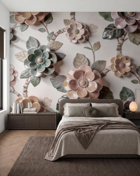 Tapet Flori ceramice tridimensionale într-o paletă de culori pastelate delicate, Fototapet Flori, w09887 : Uwalls.ro