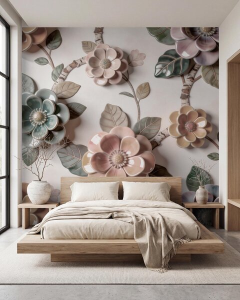 Tapet Flori ceramice tridimensionale într-o paletă de culori pastelate delicate, Fototapet Flori, w09887 : Uwalls.ro