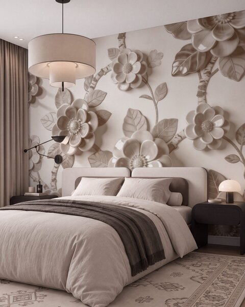 Tapet Aranjament elegant, în nuanțe de bej, compus din flori tridimensionale sculptate, Fototapet Flori, w09887v1 : Uwalls.ro