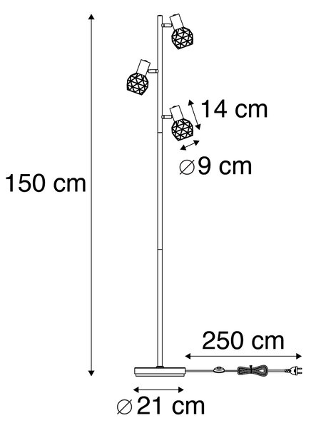 Lampă de podea design negru cu auriu reglabil cu 3 lumini - Plasă
