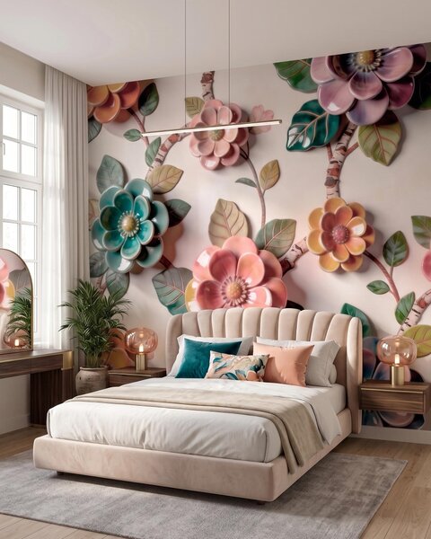 Tapet Flori și frunze ceramice tridimensionale într-o paletă de culori vibrante, Fototapet Flori, w09887v2 : Uwalls.ro