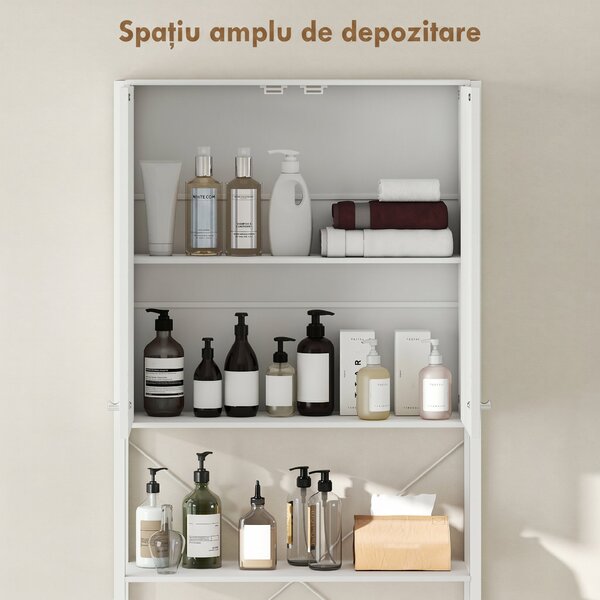 Mobilier HOMCOM pentru Baie Deasupra WC-ului cu Dulap și Raft Deschis, Mobilier Salvaspazio cu Picioare din Metal pentru Baie și Spălătorie, 64x20x180 cm, Alb | Aosom Romania