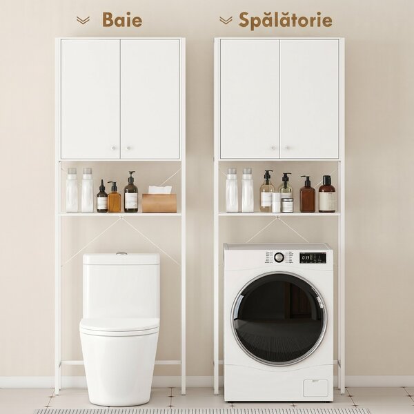 Mobilier HOMCOM pentru Baie Deasupra WC-ului cu Dulap și Raft Deschis, Mobilier Salvaspazio cu Picioare din Metal pentru Baie și Spălătorie, 64x20x180 cm, Alb | Aosom Romania