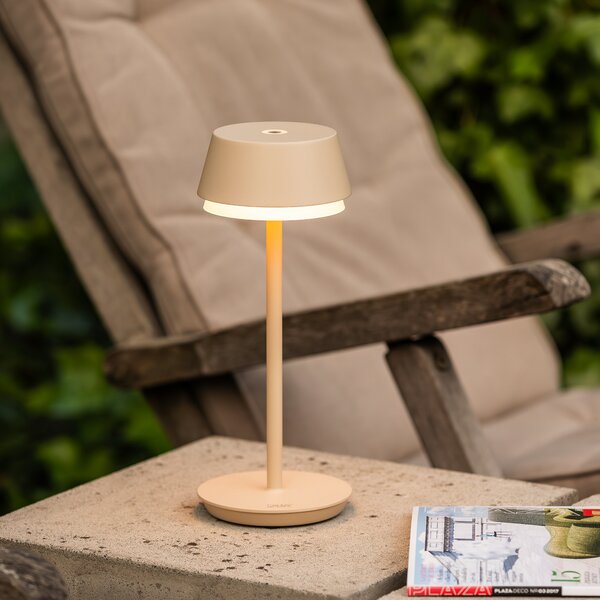 Konstsmide Lampă de masă LED reîncărcabilă Lyon, culoare nisip, IP54, dimabil, CCT,, reglabil, Bej, Aluminiu, Modern