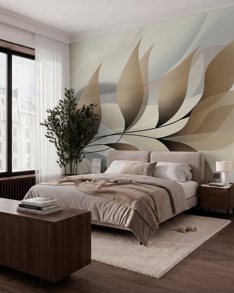 Tapet o ramură elegantă cu frunze bej , Fototapet Natură, Fototapet Frunze, w05660 : Uwalls.ro
