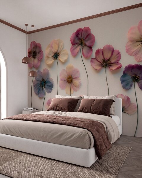 Tapet Compoziție de tip herbariu cu efect de flori presate și textură 3D, Fototapet Flori, w09911 : Uwalls.ro