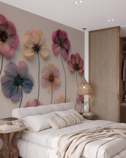 Tapet Compoziție de tip herbariu cu efect de flori presate și textură 3D, Fototapet Flori, w09911 : Uwalls.ro