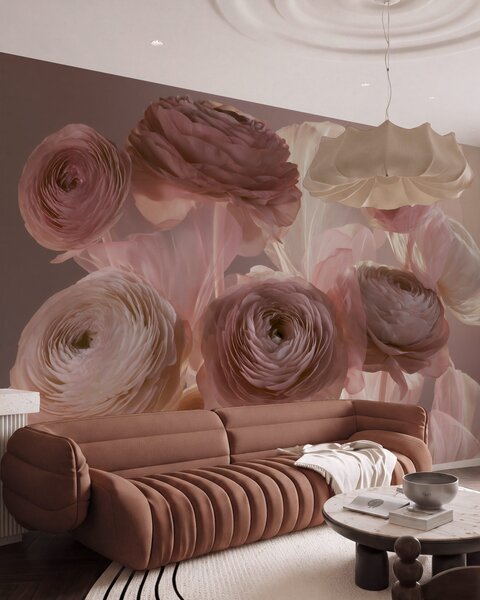 Tapet Flori mari de ranunculus, cu aspect artistic, în nuanțe delicate de roz și crem, Fototapet Flori, w09921 : Uwalls.ro