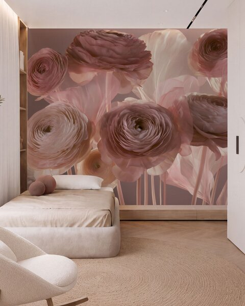 Tapet Flori mari de ranunculus, cu aspect artistic, în nuanțe delicate de roz și crem, Fototapet Flori, w09921 : Uwalls.ro