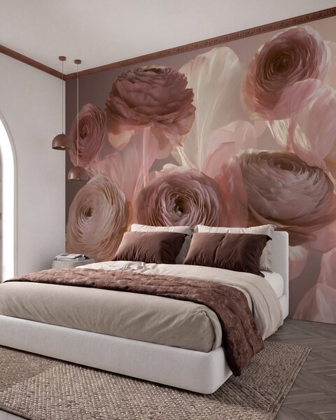 Tapet Flori mari de ranunculus, cu aspect artistic, în nuanțe delicate de roz și crem, Fototapet Flori, w09921 : Uwalls.ro