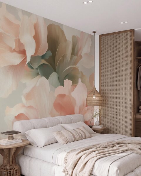 Tapet Flori artistice de dimensiuni mari, în nuanțe pastelate delicate de crem, roz și, Fototapet Flori, Fototapet Flori Mari, w09935 : Uwalls.ro