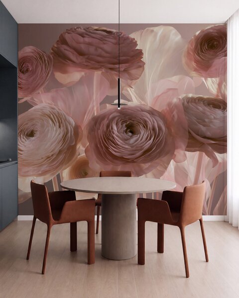 Tapet Flori mari de ranunculus, cu aspect artistic, în nuanțe delicate de roz și crem, Fototapet Flori, w09921 : Uwalls.ro