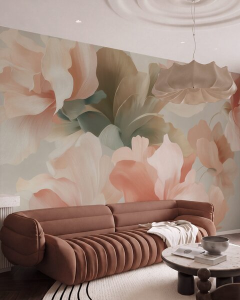 Tapet Flori artistice de dimensiuni mari, în nuanțe pastelate delicate de crem, roz și, Fototapet Flori, Fototapet Flori Mari, w09935 : Uwalls.ro