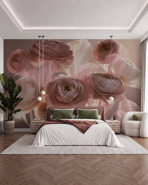 Tapet Flori mari de ranunculus, cu aspect artistic, în nuanțe delicate de roz și crem, Fototapet Flori, w09921 : Uwalls.ro