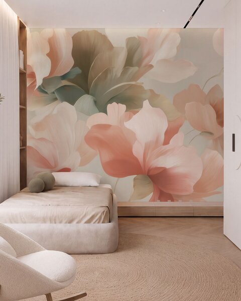 Tapet Flori artistice de dimensiuni mari, în nuanțe pastelate delicate de crem, roz și, Fototapet Flori, Fototapet Flori Mari, w09935 : Uwalls.ro