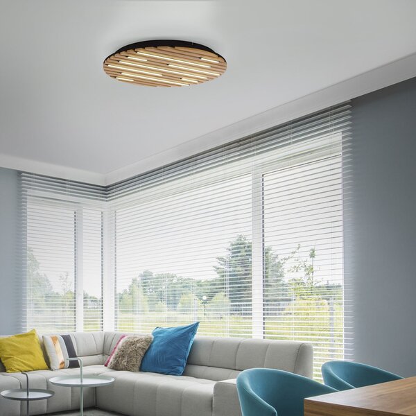 Q-Smart-Home Paul Neuhaus Plafonieră LED Q-Acoustic, lemn Ø 60 cm, reglabil, Lemn, Camera de zi / sufragerie, Lemn, Modern
