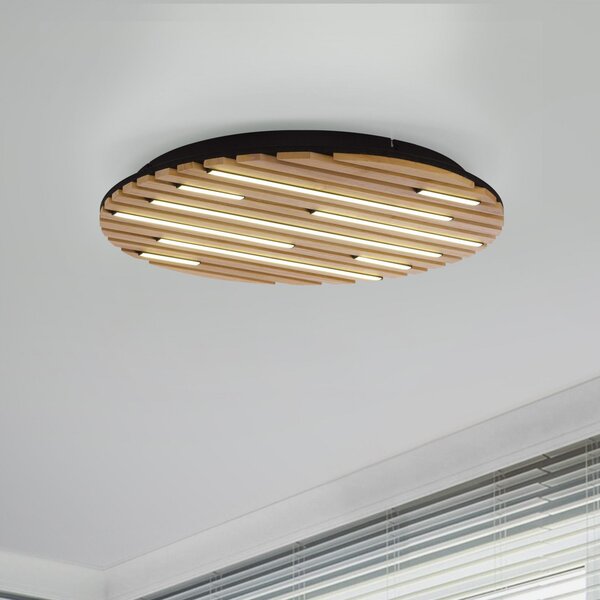 Q-Smart-Home Paul Neuhaus Plafonieră LED Q-Acoustic, lemn Ø 60 cm, reglabil, Lemn, Camera de zi / sufragerie, Lemn, Modern
